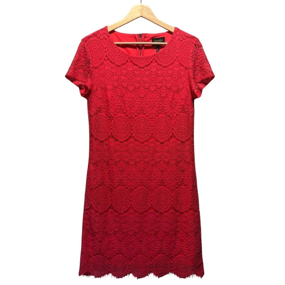 Laundry Shelli Segal Fuchsia Open Lace Fringe Sheath Dress Size 6 Hoco Party Y2K